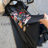 Short Sleeve Dress Women Summer Printed Black Knee Length Plus Size 5Xl Loose Korean Fashion Leisure