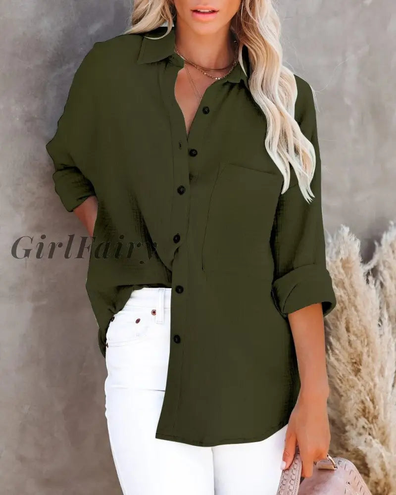 Solid Cotton Linen Shirts For Women Autumn Single Button Turn-Down Neck Office Ladies Casual Blouses