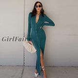 Solid Fashion Long Sleeve Dresses For Women Autumn Green Buttons Ankle-Length Split Dress Casual Sexy Elegant Party Clubwear