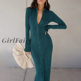 Solid Fashion Long Sleeve Dresses For Women Autumn Green Buttons Ankle-Length Split Dress Casual