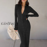 Solid Fashion Long Sleeve Dresses For Women Autumn Green Buttons Ankle-Length Split Dress Casual