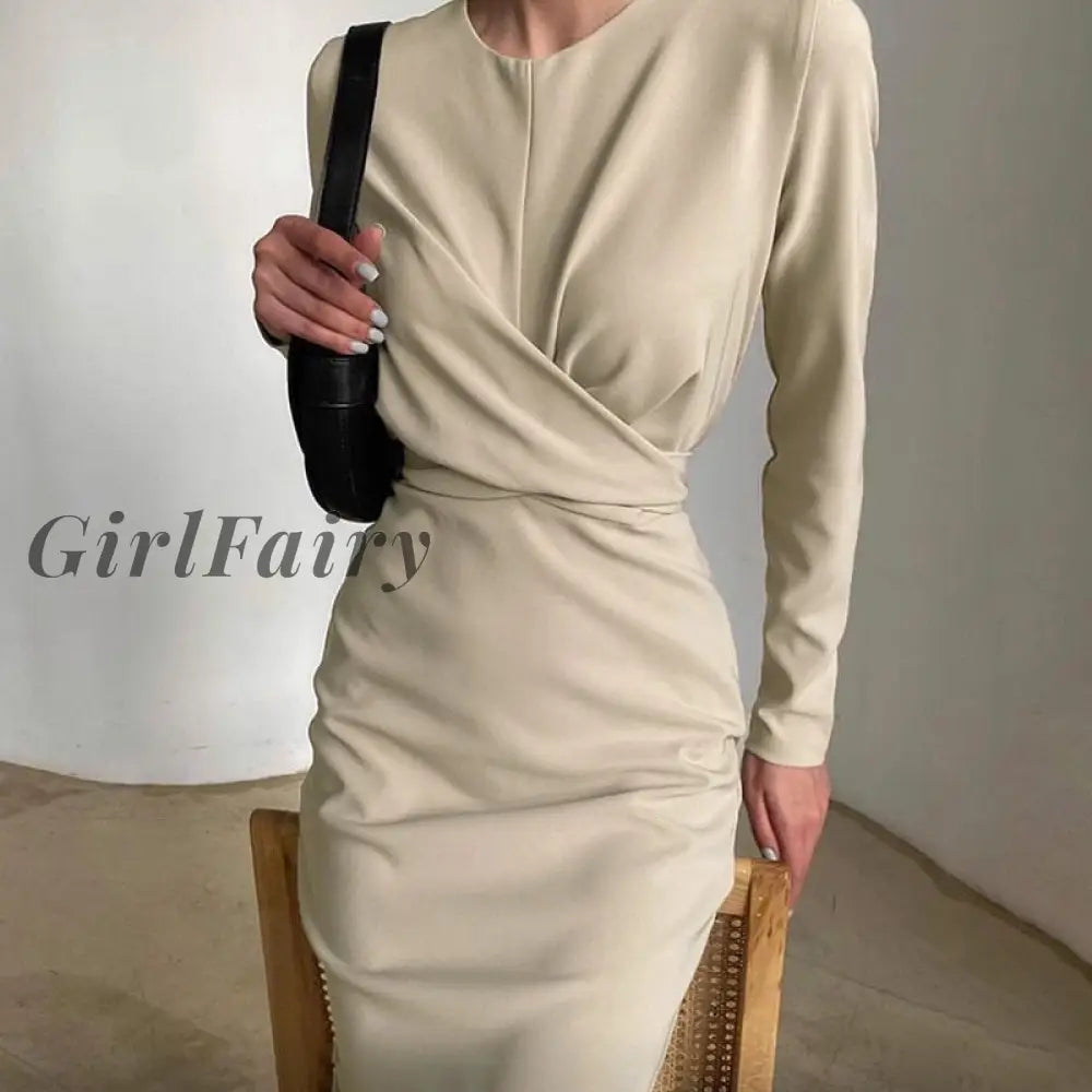 Solid Long Sleeve Midi Dresses For Women Spring Elegant Work Office Ladies Pencil Dress Apricot / S
