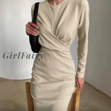 Solid Long Sleeve Midi Dresses for Women Spring Elegant Work Office Ladies Pencil Dress
