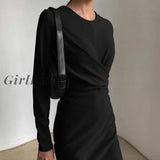 Solid Long Sleeve Midi Dresses For Women Spring Elegant Work Office Ladies Pencil Dress Black / S