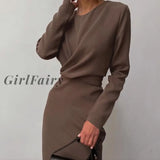 Solid Long Sleeve Midi Dresses For Women Spring Elegant Work Office Ladies Pencil Dress Brown / S