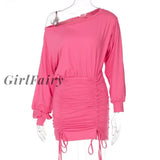Solid Long Sleeve Mini Dress For Women Autumn Drawstring Ruched Bodycon Dresses Elegant Party