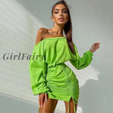 Solid Long Sleeve Mini Dress For Women Autumn Drawstring Ruched Bodycon Dresses Elegant Party