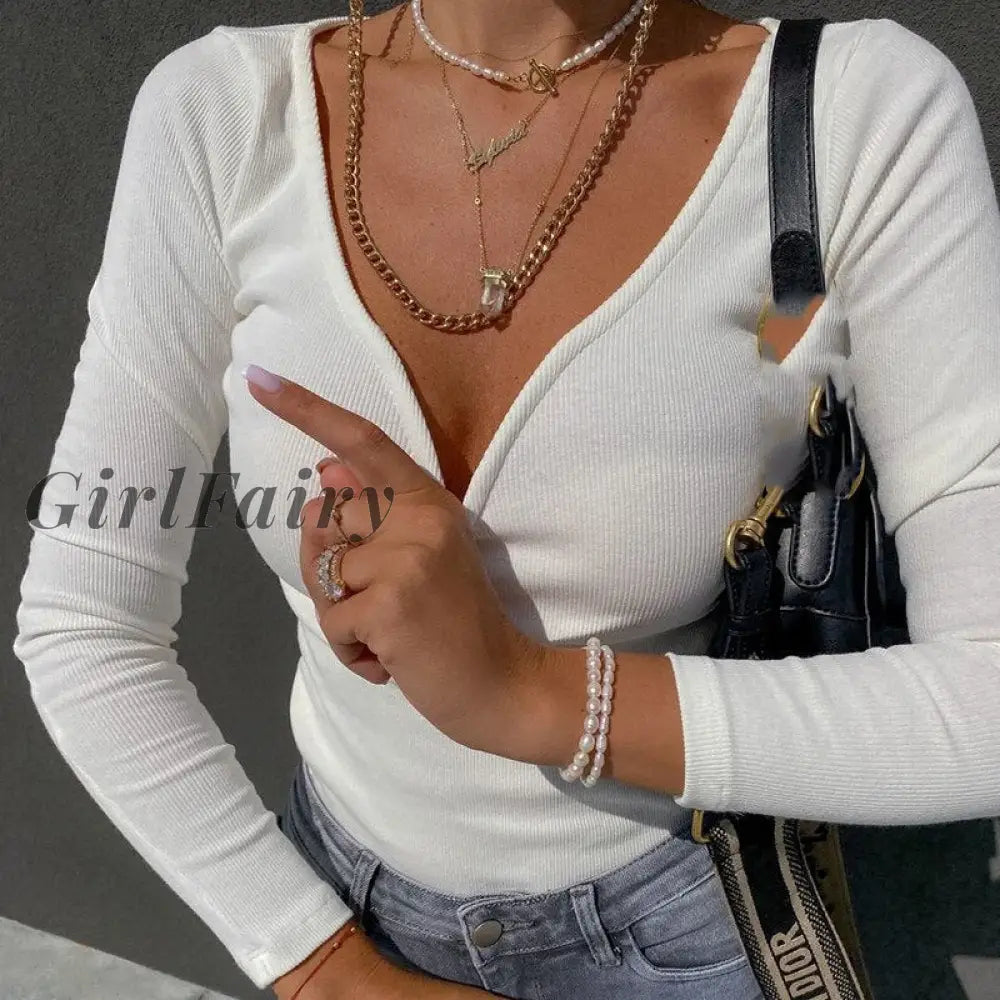 Solid Long Sleeve V Neck Basic T-Shirts For Women White Apricot Black Skinny Casual Crop Tops Autumn