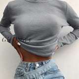 Solid Skinny Basic Long Sleeve T-Shirts For Women White Gray Black Waffle Pattern Crop Tops Autumn