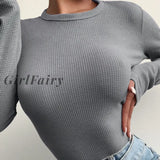 Solid Skinny Basic Long Sleeve T-Shirts For Women White Gray Black Waffle Pattern Crop Tops Autumn