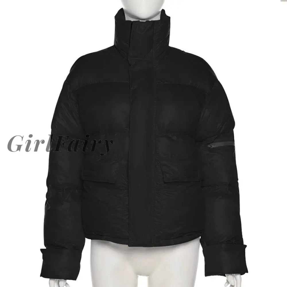 Solid Turtleneck Zipper Pocket Loose Coat For Women Winter Thicken Casual Slim Lady Streetwear Warm