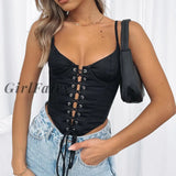 Spaghetti Straps Cross Hollow Lace-Up Bustiers Crop Tops Fashion Women Solid Color Wrap Tube Camis