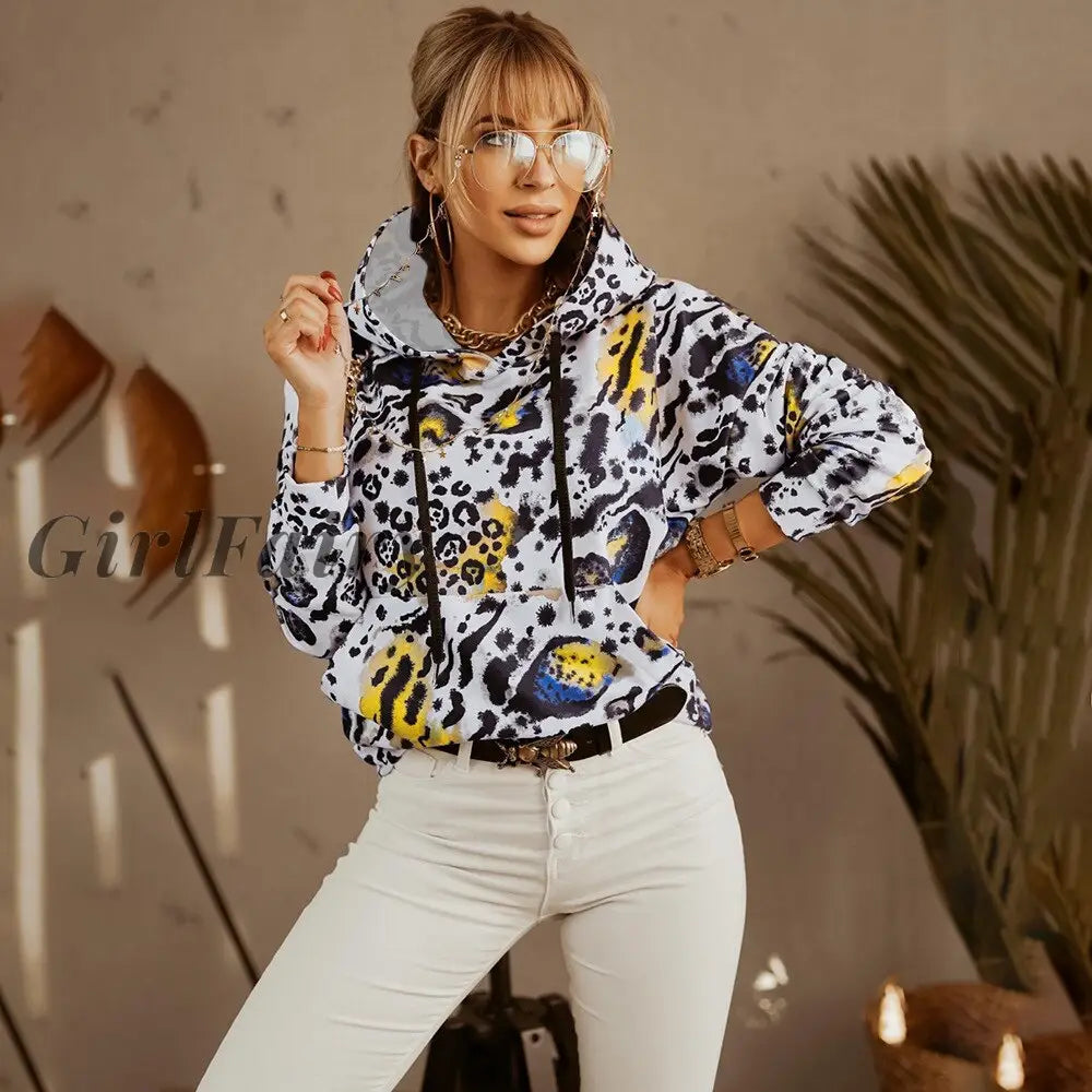 Spring Autumn Women Leopard Print Hoodie Casual Loose Long Sleeve Top Vintage Sweatshirt With Hood