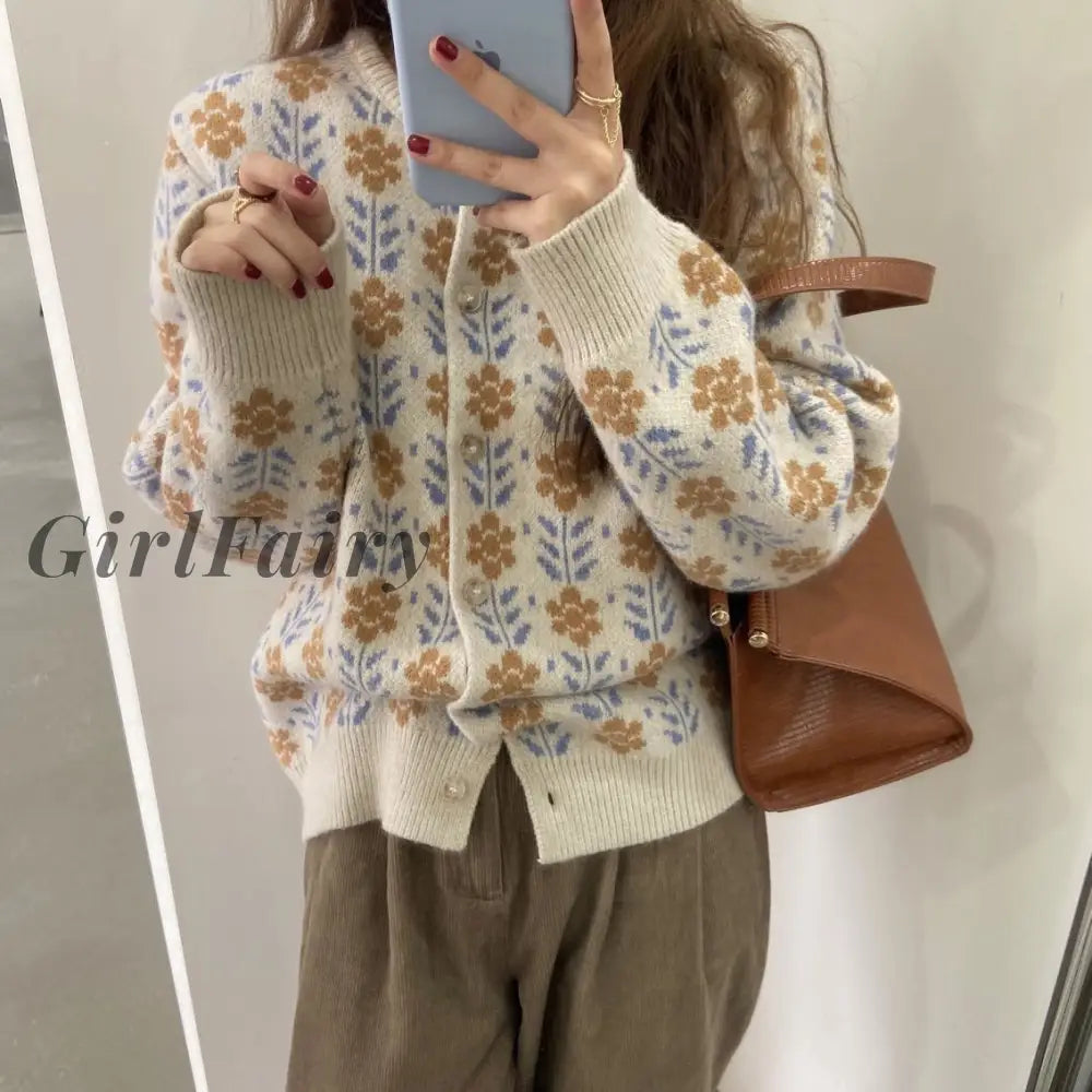 Spring Autumn Womens Cardigan Sweater Round Neck Long-Sleeved Breasted Soft Floral Kawaii Loose