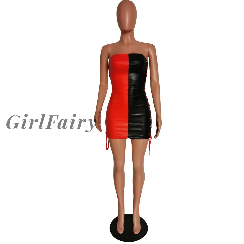 Strapless Off Shoulder Sexy Women Bicolor Red Black Pu Dress Hollow Out Lace-Up Faux Leather