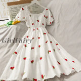 Strawberry Dress Kawaii Embroidery Puff Sleeve Women Vintage A-Line White Square Neck Beach Dresses