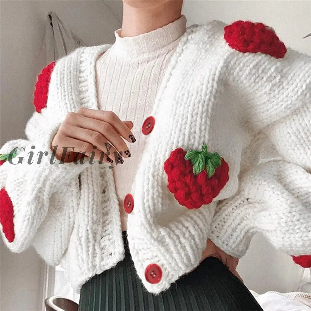 Strawberry Knitted Loose Cardigan Sweaters For Women Fashion Single Breasted V-Neck Coat Autumn