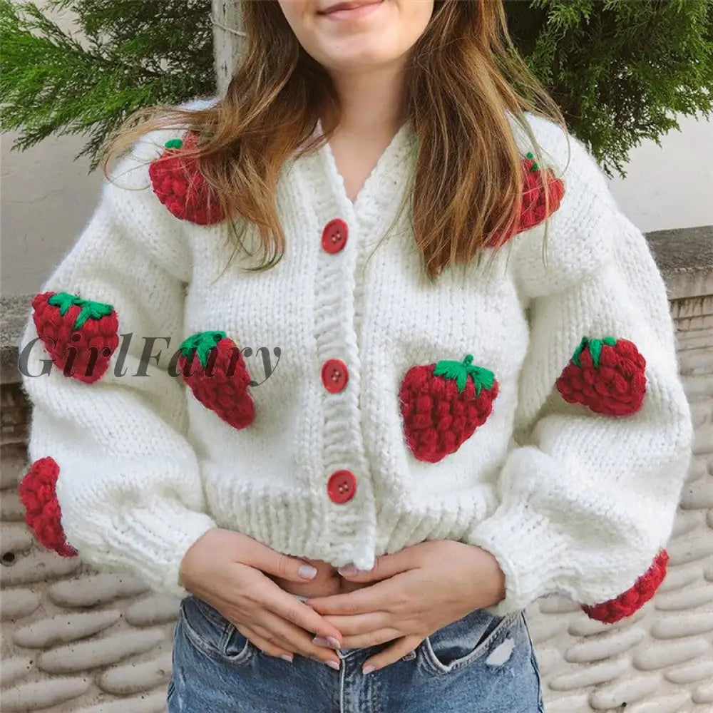 Strawberry Knitted Loose Cardigan Sweaters For Women Fashion Single Breasted V-Neck Coat Autumn