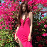 Summer Knitted Sleeveless Lace Up Hollow Out Sexy Backless Side Slit Ruffles Bodycon Neon Midi Dress