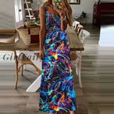 Summer Luminous Print Dress Women Casual V Neck Spaghetti Strap Sleeveless Long Bohemian Ankle