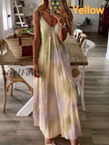 Summer Luminous Print Dress Women Casual V Neck Spaghetti Strap Sleeveless Long Bohemian Ankle