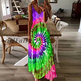 Summer Rainbow Printed Dress Women Sexy Deep V-Neck Sling Sleeveless Long Dresses Female Casual Tie Dye Maxi Beach Dress Vestido
