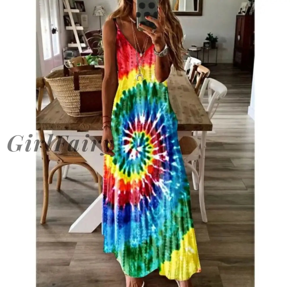 Summer Rainbow Printed Dress Women Sexy Deep V-Neck Sling Sleeveless Long Dresses Female Casual Tie