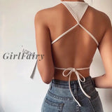 Summer Sexy White Camis Women Sleeveless Knit Backless Slim Fit Solid Color Lace Up Bandage Casual Crop Tops Tanks Vest Clubwear