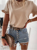 Summer T-Shirts Top Ruffle Short Sleeve Women Tee Shirt Femme Casual Solid Plain T Shirt Loose Ladies Streetwear Clothing XXL