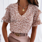 Summer V Neck Ruffles Print Blouses Women New Casual Short Sleeve White Pink Work Blouse Ladies Chic