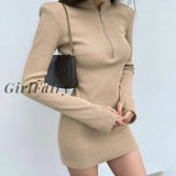 Turtleneck Zipper Mini Dress For Women Autumn Shoulder Pad Long Sleeve Bodycon Dresses Elegant Party