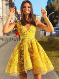 Unique V Neck Lace Appliques Yellow Short Prom Dress Homecoming Dresses Vestido De Formatura