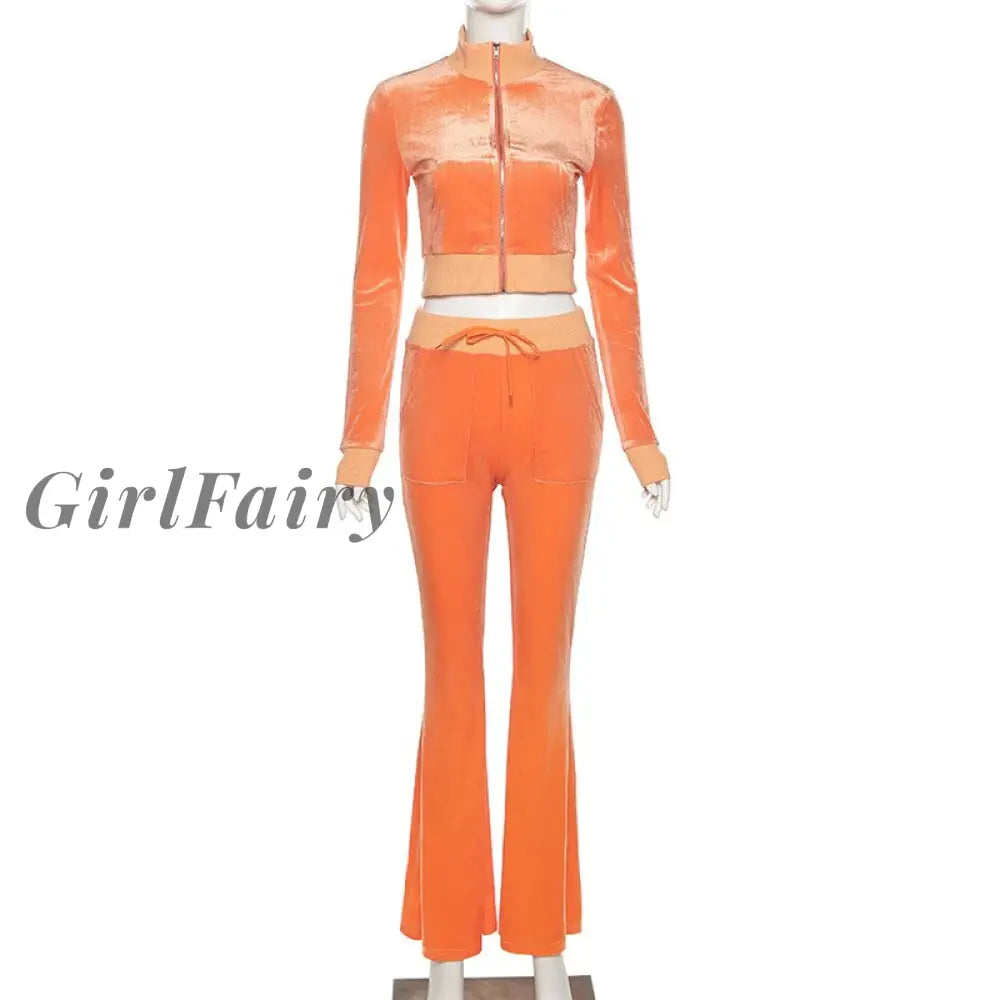 Velvet Long Sleeve Two Piece Set For Women Autumn Zipper Top Cardigan & Straight-Leg Pants Casual