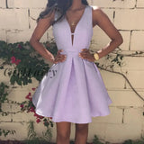 Vestidos Pink Homecoming Dresses Satin Deep V-Neck Sleeveless Short Party Dress Formal Gowns Back To