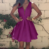 Vestidos Pink Homecoming Dresses Satin Deep V-Neck Sleeveless Short Party Dress Formal Gowns Back To