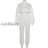 White Green Casual Two Piece Set For Women Autumn Biker Style Long Sleeve Turtleneck Top+Pleated