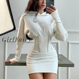Winter Hooded Neck Knitted Pencil Dress Women Slim Long Sleeve Mini Office Pink Female Solid Party