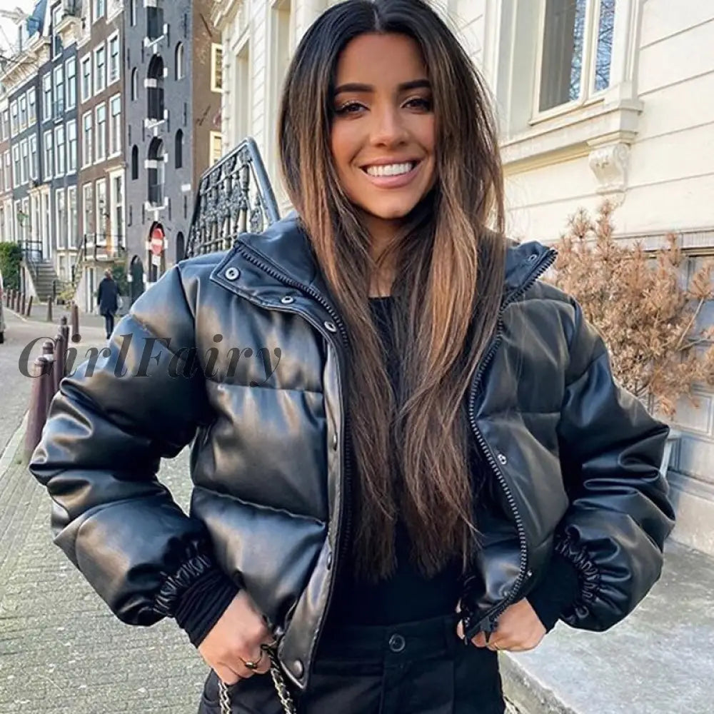 Winter Thick Warm Short Parkas Women Fashion Black Pu Leather Coats Elegant Zipper Cotton Jackets