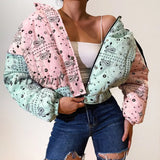 Winter Women Color Block Parka Fashion Drawstring Hooded Short Jacket Casual Warm Print Coat