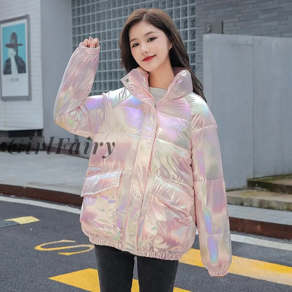 Winter Women Zipper Parka Jacket Casual Thicken Warm Shiny Windproof Jackets Korean Fashion White
