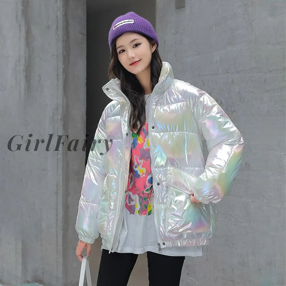 Winter Women Zipper Parka Jacket Casual Thicken Warm Shiny Windproof Jackets Korean Fashion White