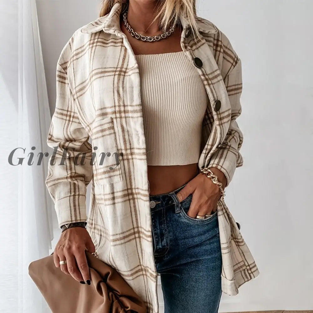 Women Autumn Long Sleeve Plaid Shirt Blouse Winter Casual Loose Thick Outfits Single Breasted Chic