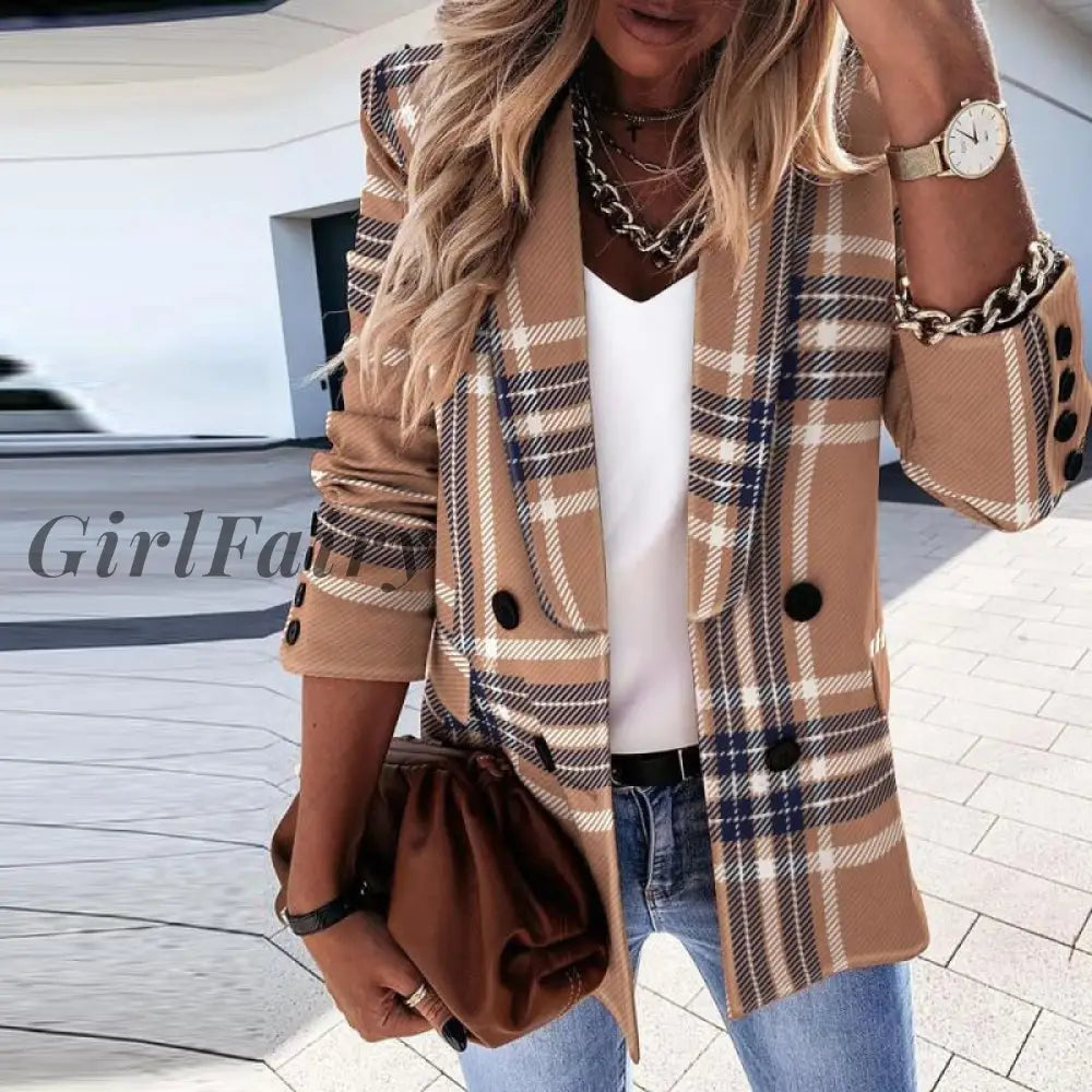 Women Autumn Plaid Blazer Office Females Long Sleeves Double Breasted Khaki Casual Ladies Winter