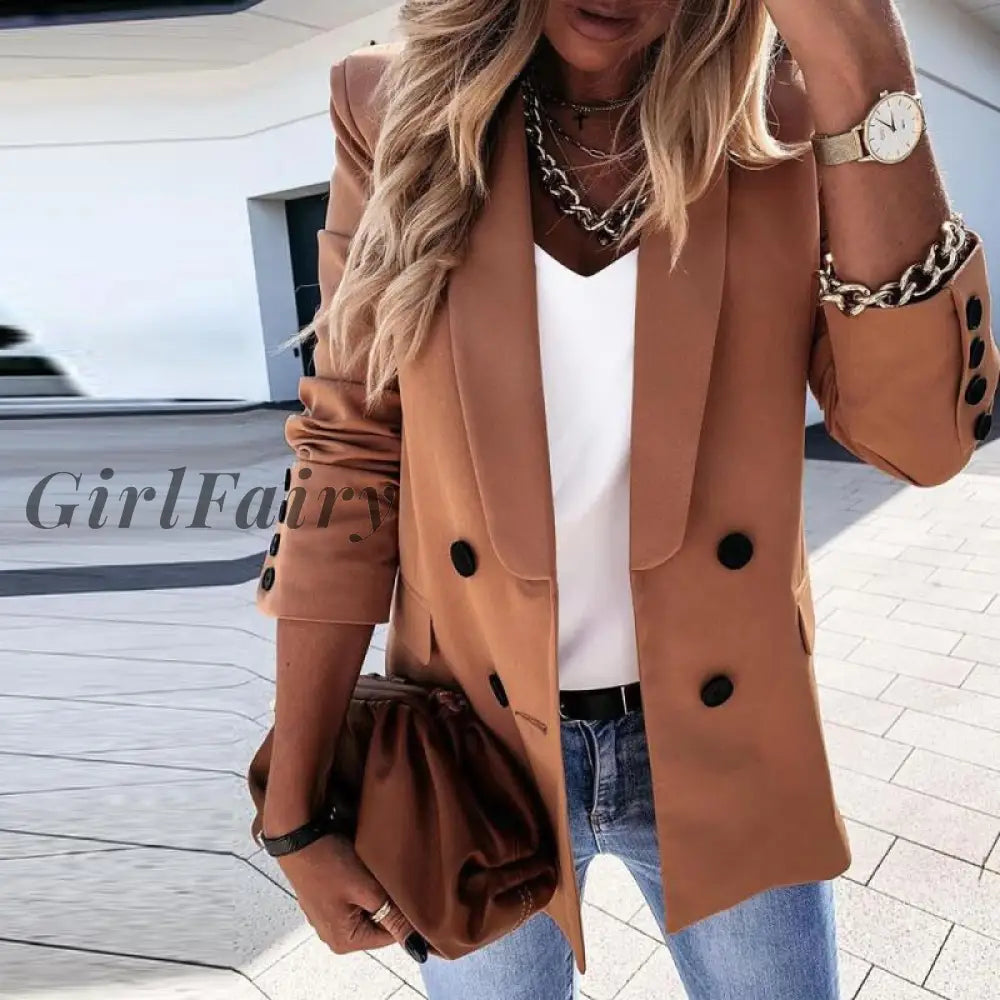 Women Autumn Plaid Blazer Office Females Long Sleeves Double Breasted Khaki Casual Ladies Winter