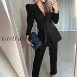 Women Blazer And Trouser Two Pieces Set Elegant Lace-Up Female Blazers Casual High Waist Pant