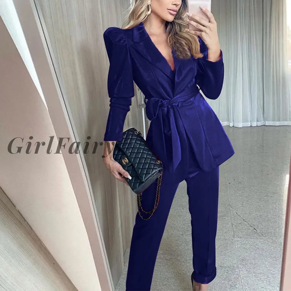 Women Blazer And Trouser Two Pieces Set Elegant Lace-Up Female Blazers Casual High Waist Pant