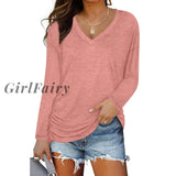 Women Blouses Long Sleeve V Neck Pullover Casual Top Basic Soft Loose Plus Size Shirts Tops Ladies