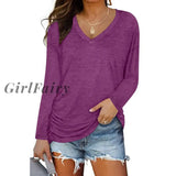 Women Blouses Long Sleeve V Neck Pullover Casual Top Basic Soft Loose Plus Size Shirts Tops Ladies