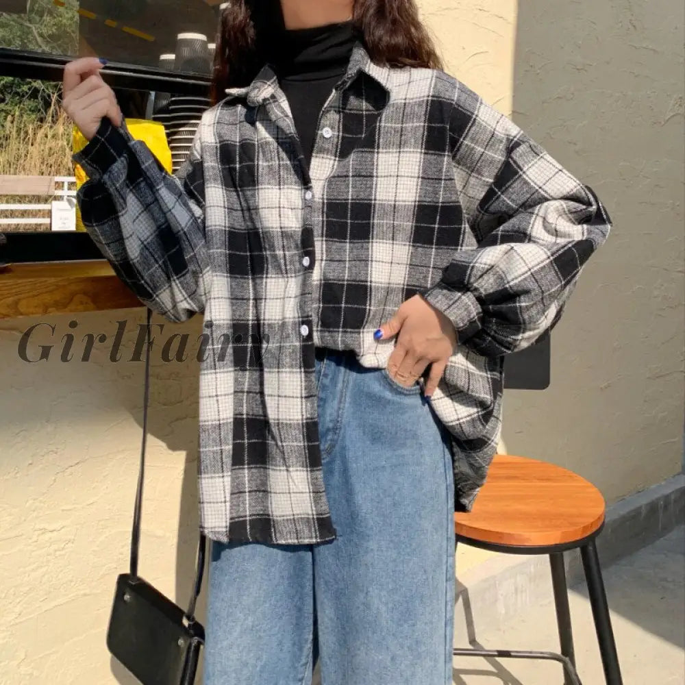 Women Blouses Turn-Down Collar Spring Shirts Plaid All-Match Bf Batwing-Sleeve Loose Outwear