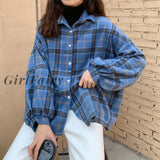 Women Blouses Turn-Down Collar Spring Shirts Plaid All-Match Bf Batwing-Sleeve Loose Outwear